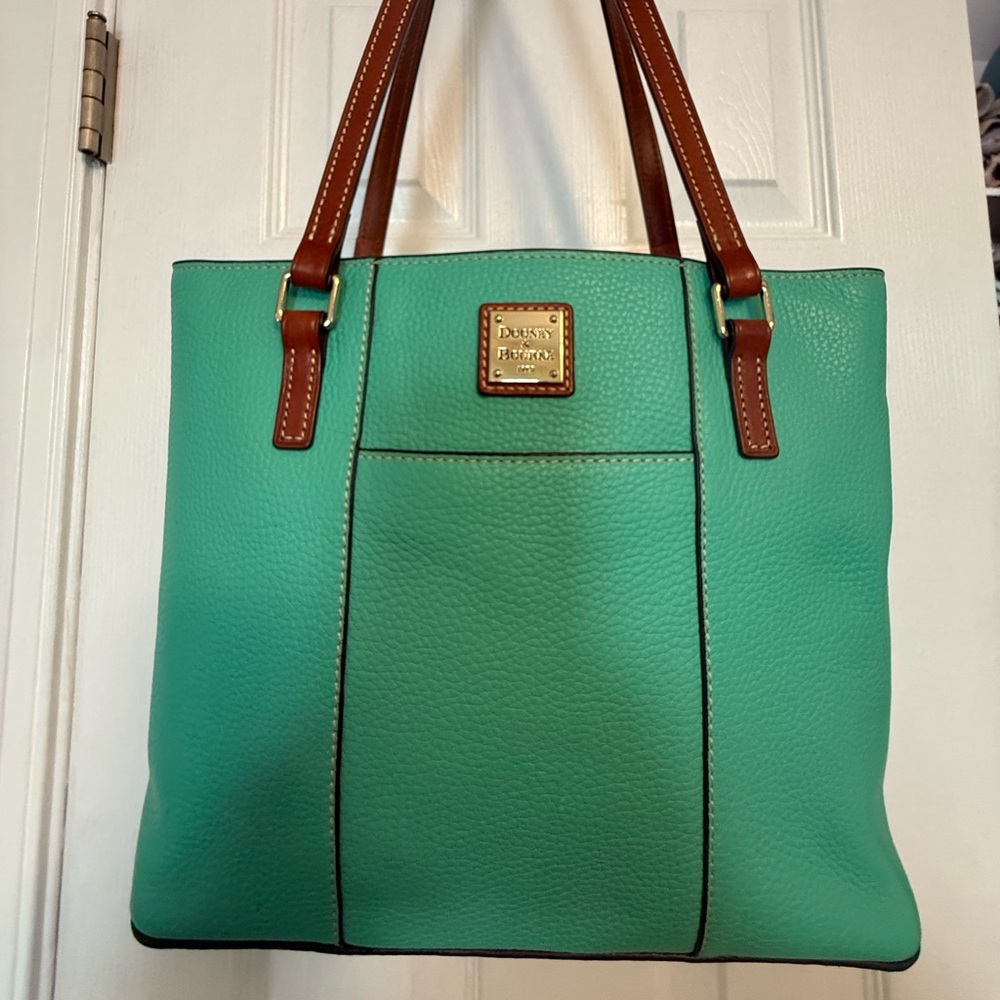 Dooney & Bourke Teal Leather Tote Bag with Brown Handles